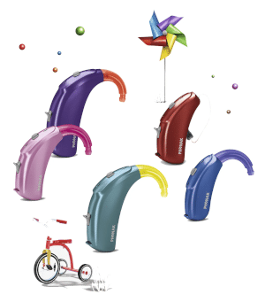 Hörgeräte für Kinder in verschiedenen, bunten Farben und Größen